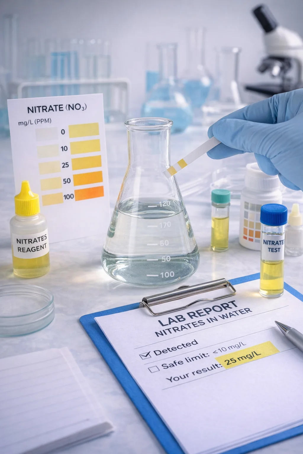 Nitratai vandenyje tyrimas su testu laboratorijoje